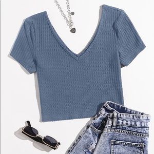 SHEIN Blue Waffle Knot Crop Top Short Sleeve Size Small